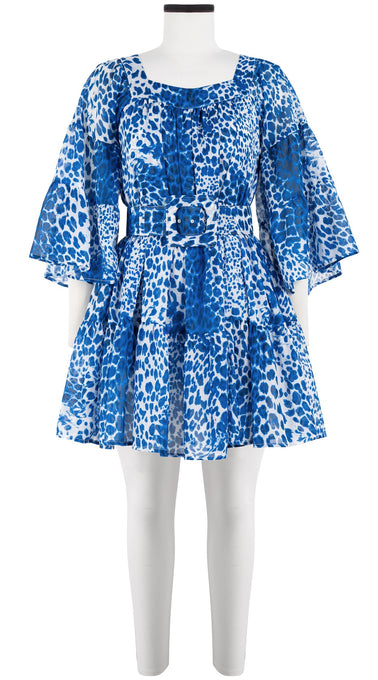 Cozette Dress Square Neck 3/4 Sleeve with Hamilton Belt Mini Length Cotton Musola (Pierre Leoparde)
