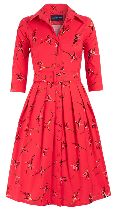 Audrey Dress #1 Shirt Collar 3/4 Sleeve Cotton Stretch (Rose Drop Bright)