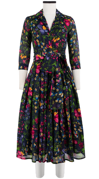 Audrey Dress #4 Shirt Collar 3/4 Sleeve Midi Length Cotton Musola (Rossi Linen Flowers)
