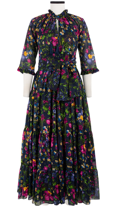 Eden Dress Crew Neck 3/4 Sleeve with Hamilton Belt Maxi Length Cotton Musola (Rossi Linen Flowers)