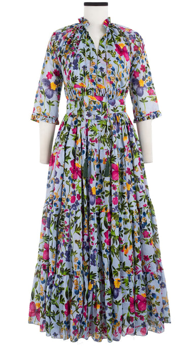 Eden Dress Crew Neck 3/4 Sleeve with Hamilton Belt Maxi Length Cotton Musola (Rossi Linen Flowers)
