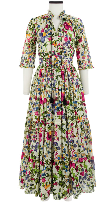 Eden Dress Crew Neck 3/4 Sleeve with Hamilton Belt Maxi Length Cotton Musola (Rossi Linen Flowers)