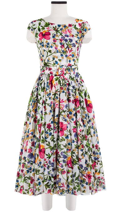 Aster Dress Boat Neck Cap Sleeve Midi Length Cotton Musola (Rossi Linen Flowers)