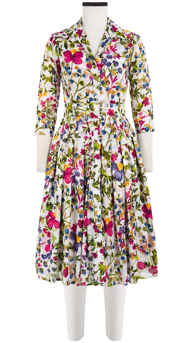 Audrey Dress #4 Shirt Collar 3/4 Sleeve Long Length Cotton Musola (Rossi Linen Flowers)