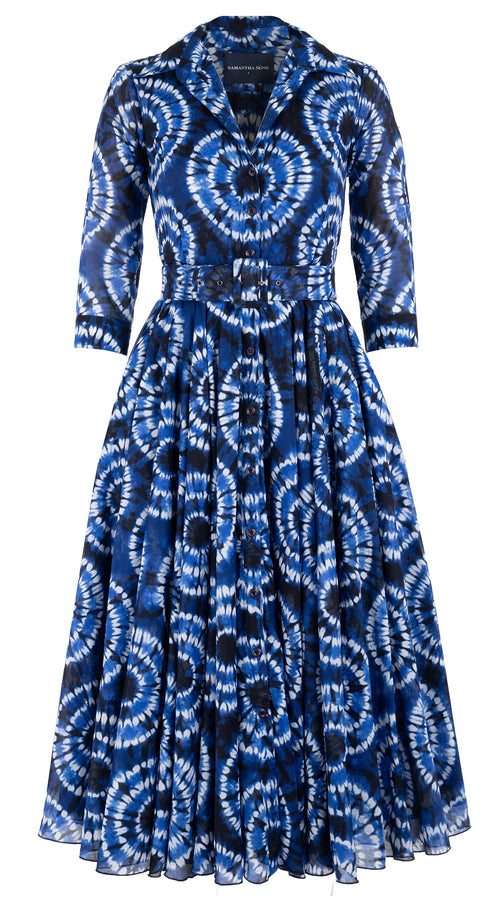 Aster Dress Shirt Collar 3/4 Sleeve Midi Length Cotton Musola (Shibori Aka)