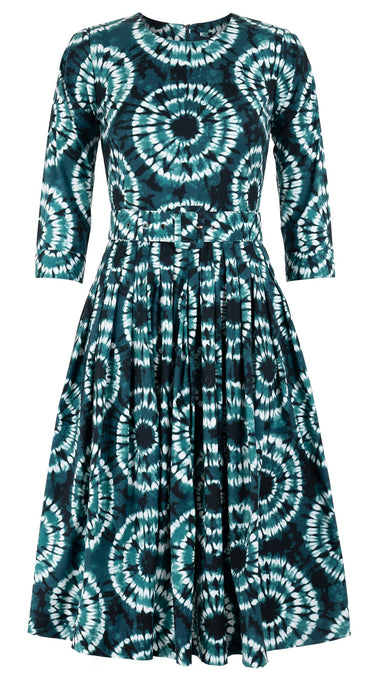 Florance Dress Crew Neck 3/4 Sleeve Long Length Cotton Stretch (Shibori Aka)