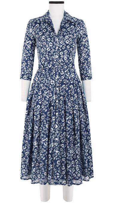 Audrey Dress #4 Shirt Collar 3/4 Sleeve Midi Length Cotton Musola (Shibori Blooom)