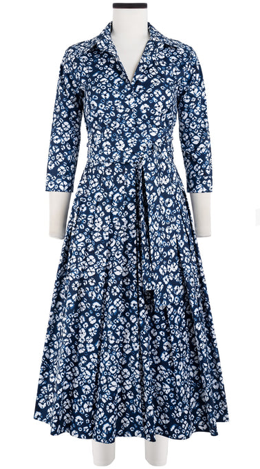 Audrey Dress #4 Shirt Collar 3/4 Sleeve Midi Length Cotton Stretch (Shibori Blooom)