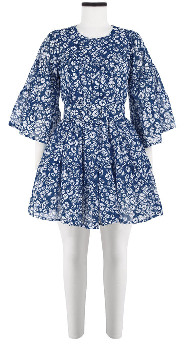 Cozette Dress Crew Neck 3/4 Sleeve with Hamilton Belt Mini Length Cotton Musola (Shibori Blooom)