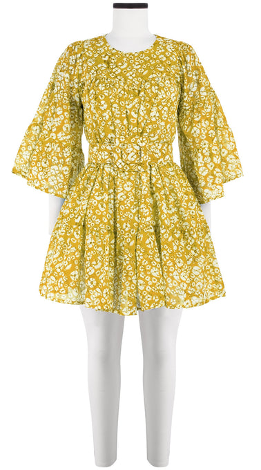 Cozette Dress Crew Neck 3/4 Sleeve with Hamilton Belt Mini Length Cotton Musola (Shibori Blooom)
