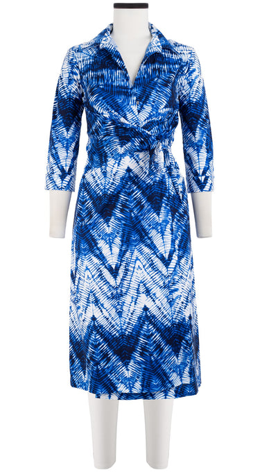 Hepburn Dress Shirt Collar 3/4 Sleeve Long Length Cotton Stretch (Shibori Chevron)