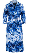 Hepburn Dress Shirt Collar 3/4 Sleeve Long Length Cotton Stretch (Shibori Chevron)