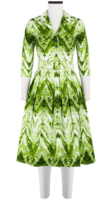 Audrey Dress #1 Shirt Collar 3/4 Sleeve Long Length Cotton Stretch (Shibori Chevron)