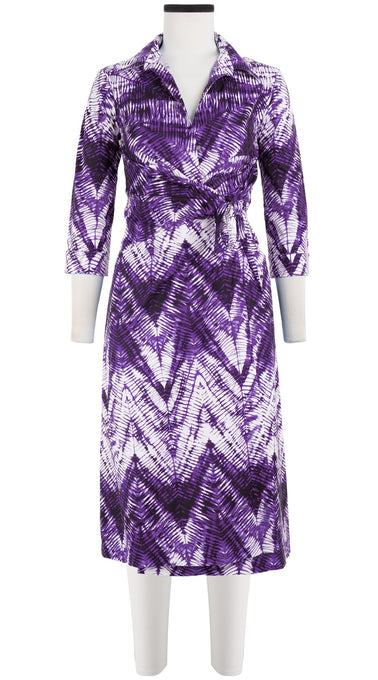 Hepburn Dress Shirt Collar 3/4 Sleeve Long Length Cotton Stretch (Shibori Chevron)
