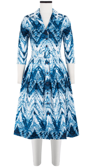 Audrey Dress #1 Shirt Collar 3/4 Sleeve Long Length Cotton Stretch (Shibori Chevron)