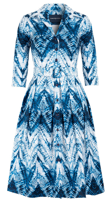 Audrey Dress #1 Shirt Collar 3/4 Sleeve Long Length Cotton Stretch (Shibori Chevron)