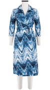 Hepburn Dress Shirt Collar 3/4 Sleeve Long Length Cotton Stretch (Shibori Chevron)