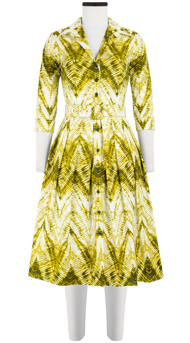 Audrey Dress #1 Shirt Collar 3/4 Sleeve Long Length Cotton Stretch (Shibori Chevron)