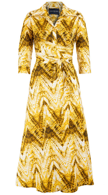 Olivia Dress Shirt Collar 3/4 Sleeve Midi Plus Length Cotton Stretch (Shibori Chevron)