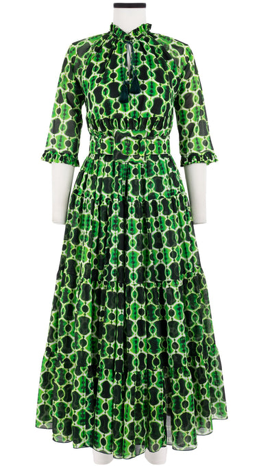 Eden Dress Crew Neck 3/4 Sleeve with Hamilton Belt Maxi Length Cotton Musola (Shibori Chinami Small)