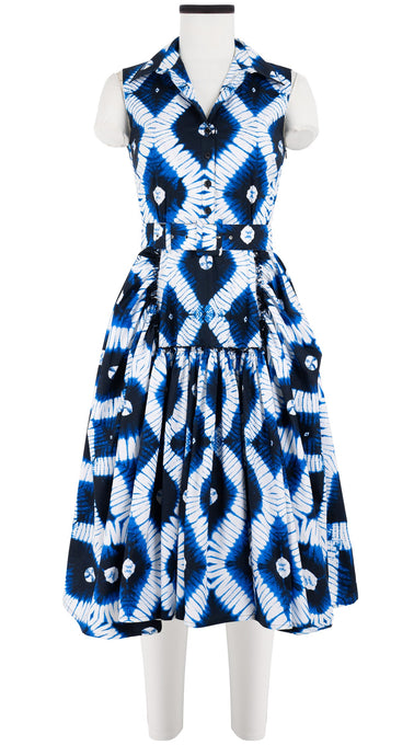Clara Dress Shirt Collar Sleeveless Cotton Stretch (Shibori Rhombus)