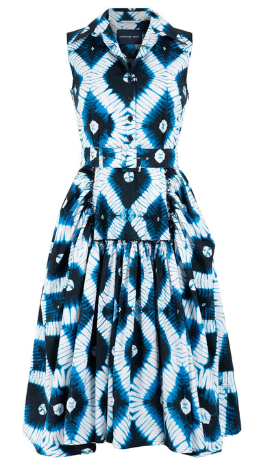 Clara Dress Shirt Collar Sleeveless Cotton Stretch (Shibori Rhombus)