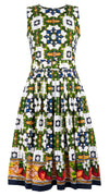 Florance Dress Crew Neck Sleeveless Long Length Cotton Stretch (Sicilian Ceramic Tile Border)