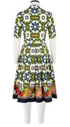 Audrey Dress #1 Shirt Collar 1/2 Sleeve Long Length Cotton Stretch (Sicilian Ceramic Tile Border)