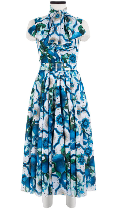 Vivien Dress #1 V Neck Sleeveless Midi Length Cotton Musola (Sicilian Lemon All Over)