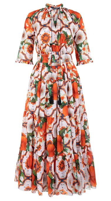 Eden Dress Crew Neck 3/4 Sleeve with Hamilton Belt Maxi Length Cotton Musola (Sicilian Lemon All Over)