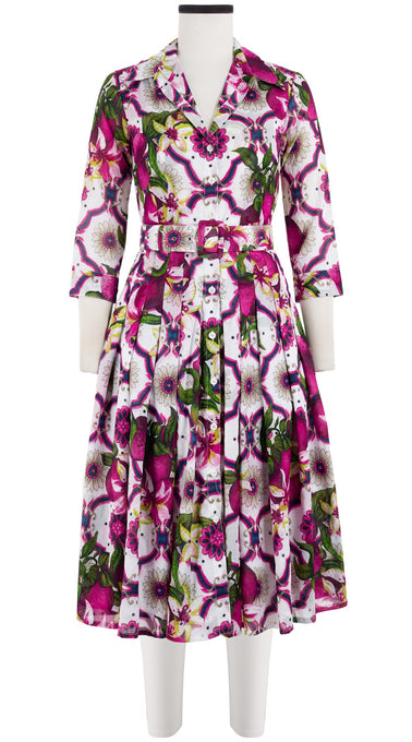 Audrey Dress #4 Shirt Collar 3/4 Sleeve Long Length Cotton Musola (Sicilian Lemon All Over)