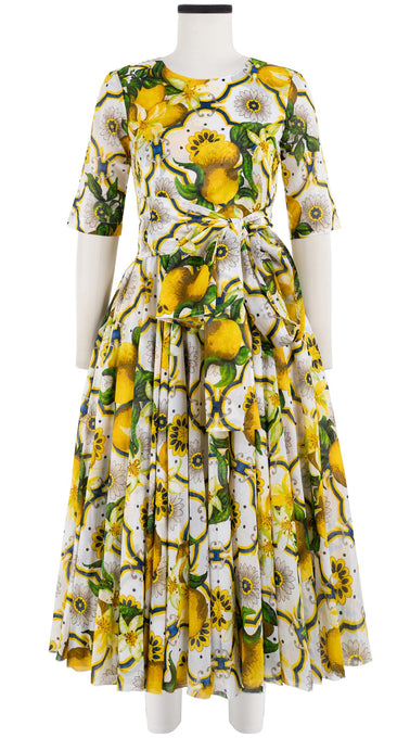 Aster Dress Crew Neck 1/2 Sleeve Midi Length Cotton Musola (Sicilian Lemon All Over)