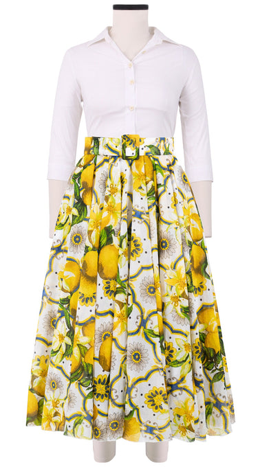 Aster Skirt #1 with Belt Midi Length Cotton Musola (Sicilian Lemon All Over)