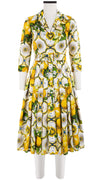 Audrey Dress #4 Shirt Collar 3/4 Sleeve Long Length Cotton Musola (Sicilian Lemon All Over)
