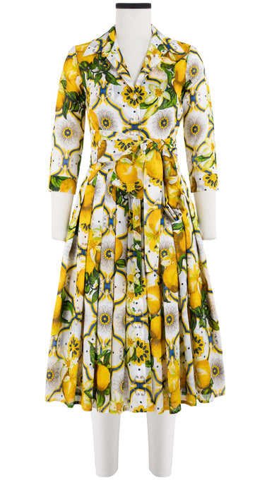 Audrey Dress #4 Shirt Collar 3/4 Sleeve Long Length Cotton Musola (Sicilian Lemon All Over)