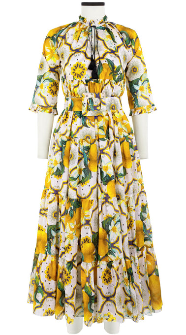 Eden Dress Crew Neck 3/4 Sleeve with Hamilton Belt Maxi Length Cotton Musola (Sicilian Lemon All Over)