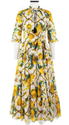 Eden Dress Crew Neck 3/4 Sleeve with Hamilton Belt Maxi Length Cotton Musola (Sicilian Lemon All Over)