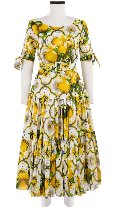 Emma Dress Boat Neck 1/2 Tie Sleeve Midi Length Cotton Musola (Sicilian Lemon All Over)