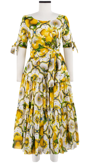 Emma Dress Boat Neck 1/2 Tie Sleeve Midi Length Cotton Musola (Sicilian Lemon All Over)