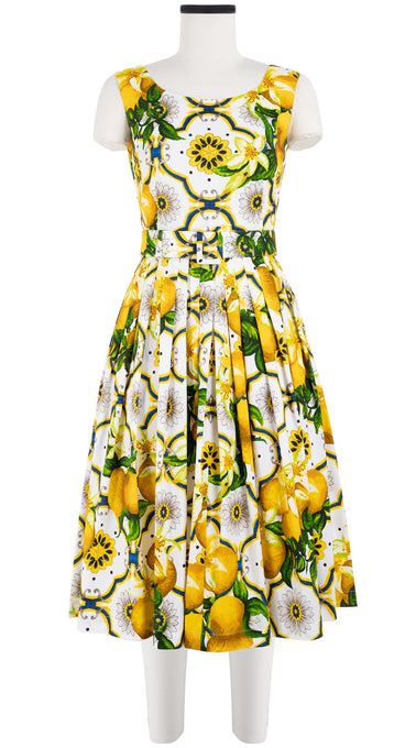 Florance Dress #2 Boat Neck Sleeveless Long Length Cotton Stretch (Sicilian Lemon All Over)