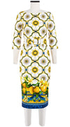 Celine Dress High Boat Neck Elbow Sleeve with Hamilton Belt Long Length Cotton Dobby Stretch (Sicilian Lemon Border)