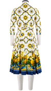 Patricia Dress #2 Shirt Collar 3/4 Sleeve Long Length Cotton Poplin (Sicilian Lemon Border)