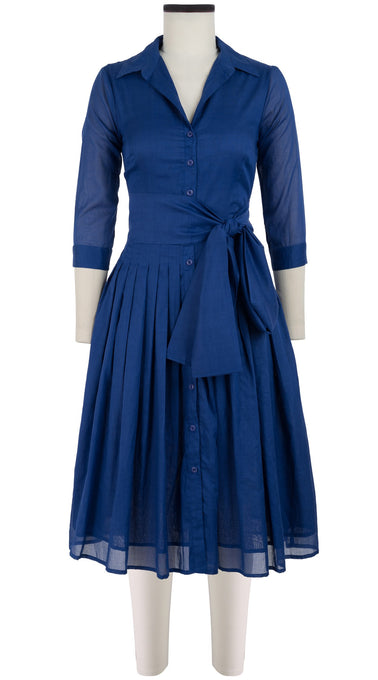 Audrey Dress #4 Shirt Collar 3/4 Sleeve Long Length Cotton Musola_Solid_Admiral Blue