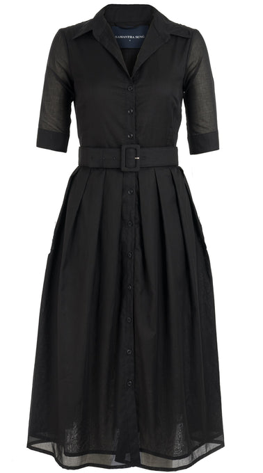 Audrey Dress #1 Shirt Collar 1/2 Sleeve Midi Length Cotton Musola_Solid_Black