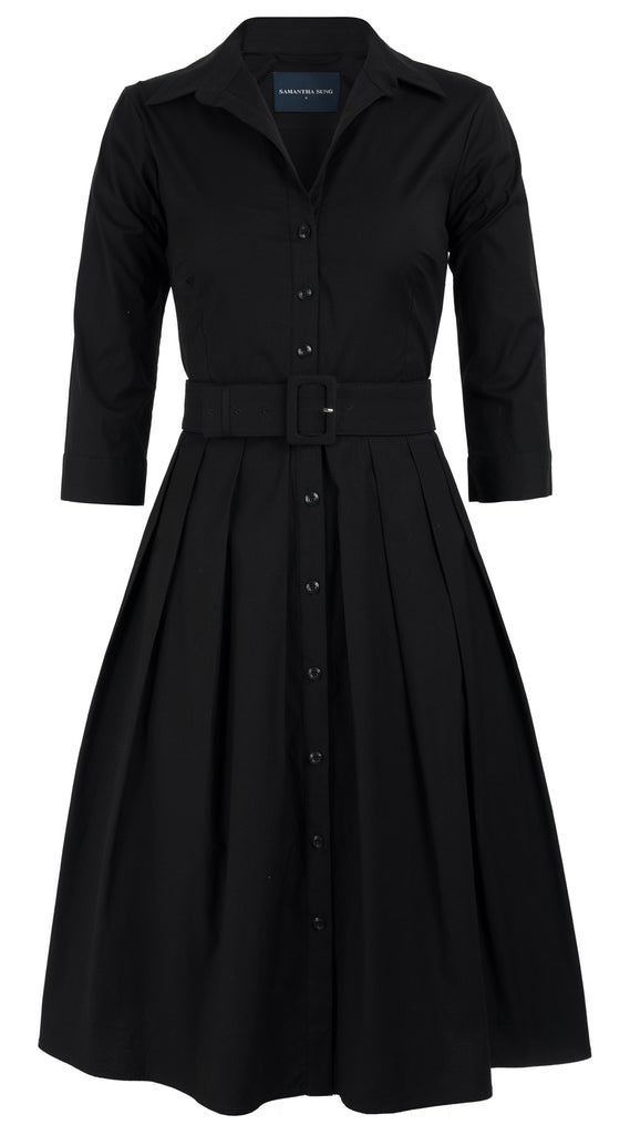 Audrey Dress #1 Shirt Collar 3/4 Sleeve Cotton Stretch_Solid_Black ...