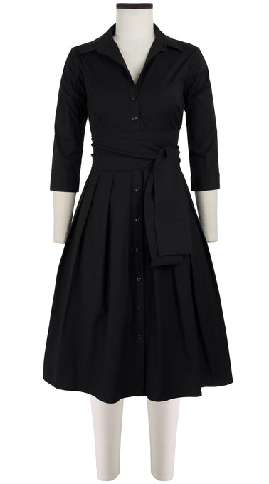Audrey Dress #1 Shirt Collar 3/4 Sleeve Cotton Stretch_Solid_Black
