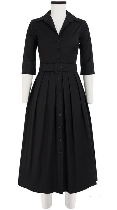 Audrey Dress #1 Shirt Collar Elbow Sleeve Midi Plus Length Cotton Stretch_Solid_Black