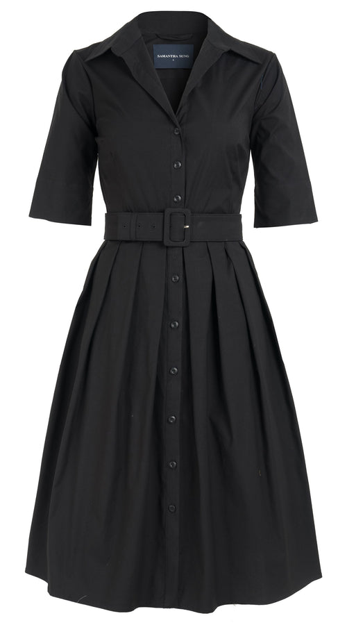 Audrey Dress #1 Shirt Collar Elbow Sleeve Regular +3 Length Cotton Stretch_Solid_Black