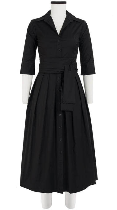 Audrey Dress #1 Shirt Collar Elbow Sleeve Midi Plus Length Cotton Stretch_Solid_Black