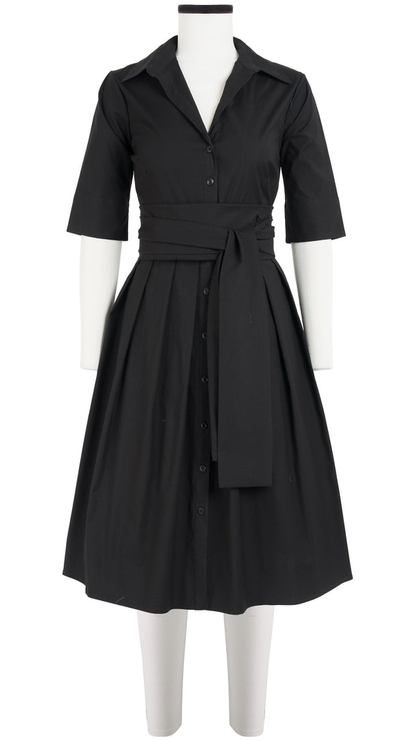 Audrey Dress #1 Shirt Collar Elbow Sleeve Regular +3 Length Cotton Stretch_Solid_Black